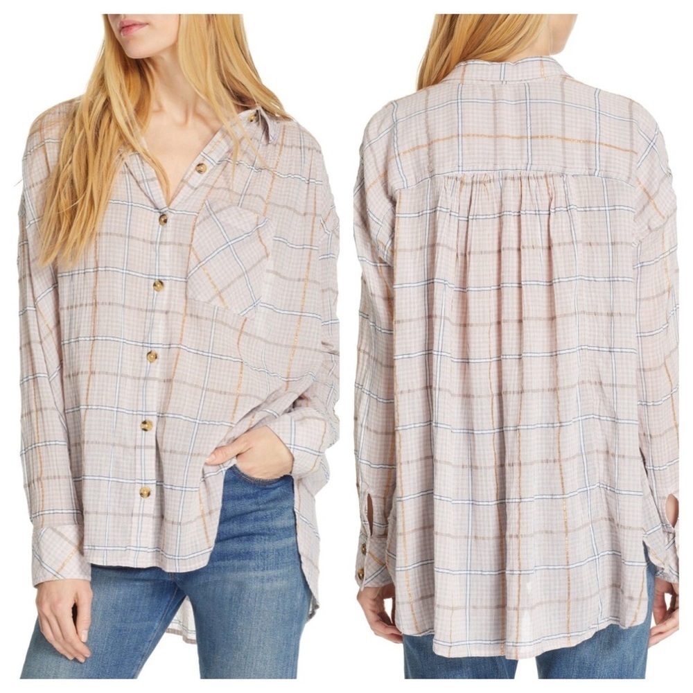 Free People Pink Plaid Oversized Button Down Shirt Womens Size Medium